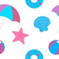 Seamless pattern beach umbrella rubber ring ball shell starfish vector illustration